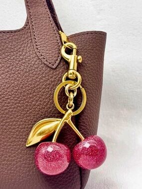 New! Pink Glitter Cherry with Gold Accent Bag Charm/Keychain (NWT)